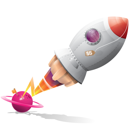 Toy rocket blasting off into space from a pink planet illustration. Done by Andre Coetzer